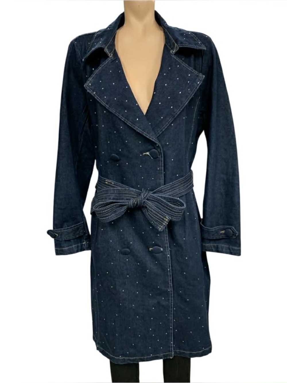Stoosh Navy Denim Trench Coat with Stud Accents Size M